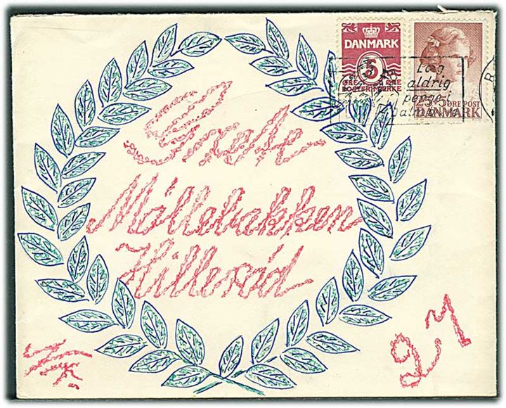 5 øre Bølgelinie og 25+5 øre Børneforsorg på illustreret kuvert fra Rønne ca. 1953 til Hillerød.