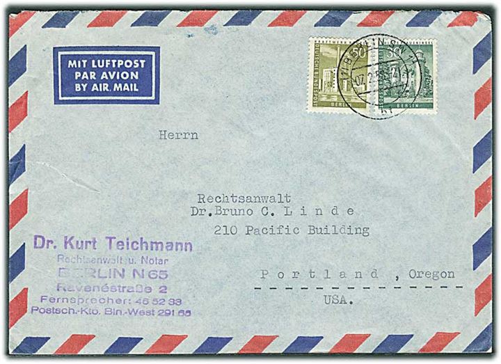 Berlin. 30 pfg. og 50 pfg. Bygning på luftpostbrev fra Berlin d. 7.2.1958 til Portland, USA.