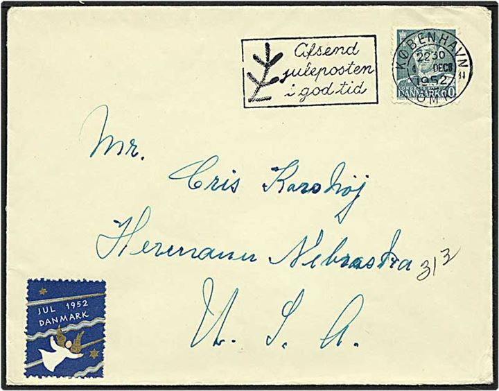 60 øre blågrøn Fr. IX singelfrankatur på brev fra København d. 4.12.1952 til Nebraska, USA.