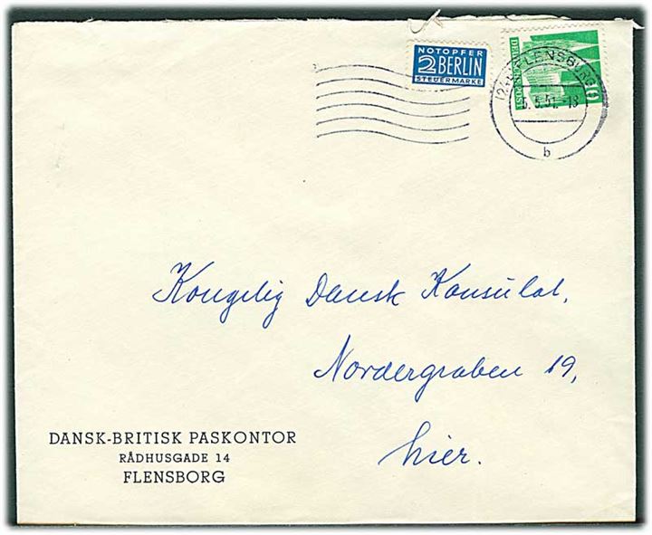 10 pfg. Bygning og 2 pfg. Berlin Notopfer på fortrykt kuvert fra Dansk-Britisk Paskontor sendt lokalt i Flensburg d. 5.5.1951 til danske konsulat i Flensburg.
