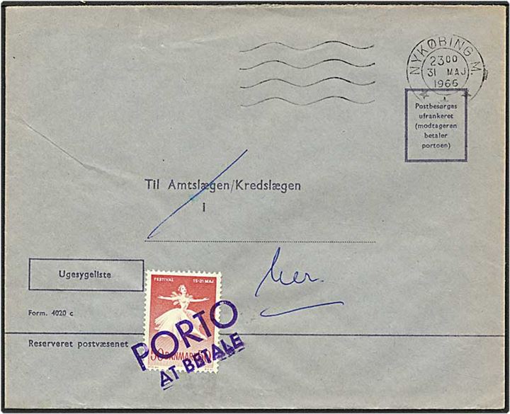 Ufrankeret lokalt sendt brev fra Nykøbing M. d. 31.5.1966. Påsat 50 øre rød Balletdanser i porto.