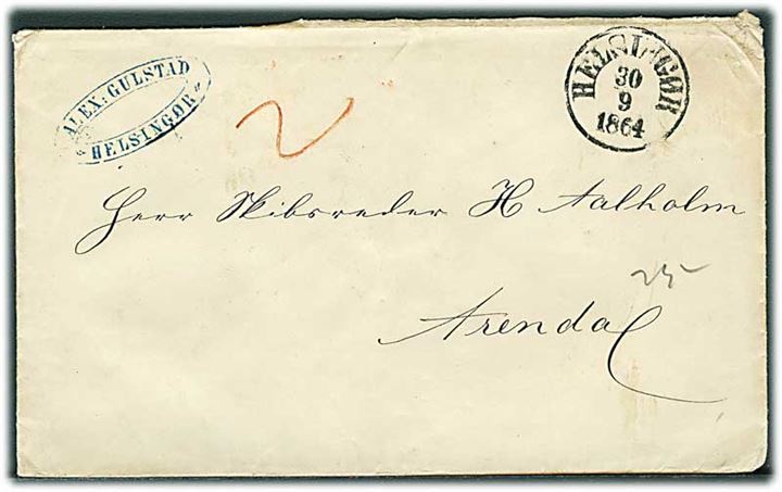1864. Ufrankeret brev med antiqua Helsingør d. 30.9.1864 via norsk dampskibsbureau Sandøsund d. 2.10.1864 til Arendal, Norge. 