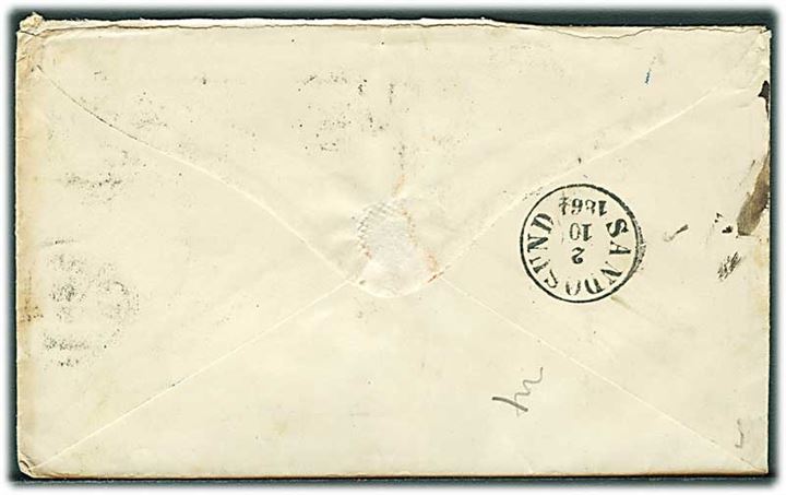 1864. Ufrankeret brev med antiqua Helsingør d. 30.9.1864 via norsk dampskibsbureau Sandøsund d. 2.10.1864 til Arendal, Norge. 