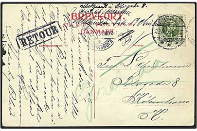 5 øre grøn Chr. IX på postkort fra Grenaa d. 22.4.1906 til København. Kortet er returneret.
