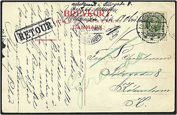 5 øre grøn Chr. IX på postkort fra Grenaa d. 22.4.1906 til København. Kortet er returneret.