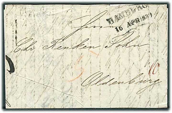 1839. Portobrev dateret Göteborg d. 10.4.1839 sendt via forwarding agent M. C. Sommer Altona og stemplet Hamburg d. 16.4.1839 til Oldenburg. 