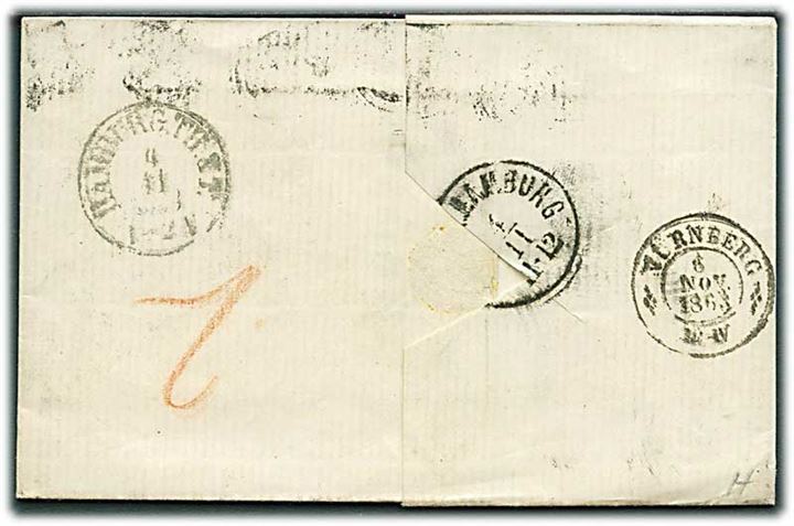 1863. Portobrev med antiqua Helsingør d. 3.11.1863 via Hamburg Th. & T. d. 4.11.1863 til Nürnberg. Flere påtegninger.