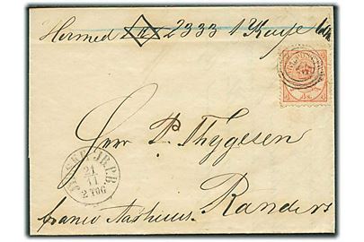 4 sk. Krone/Scepter (defekt) på pakkefølgebrev fra Horsens annulleret med nr.stempel 216 og sidestemplet antiqua Jydske JB.P.B. d. 21.11.1864 til Randers. Påskrevet Franco Aarhuus. 
