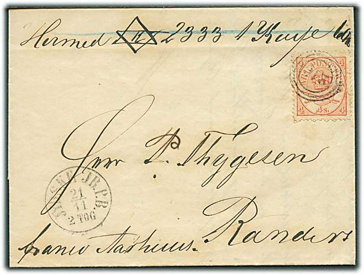 4 sk. Krone/Scepter (defekt) på pakkefølgebrev fra Horsens annulleret med nr.stempel 216 og sidestemplet antiqua Jydske JB.P.B. d. 21.11.1864 til Randers. Påskrevet Franco Aarhuus. 
