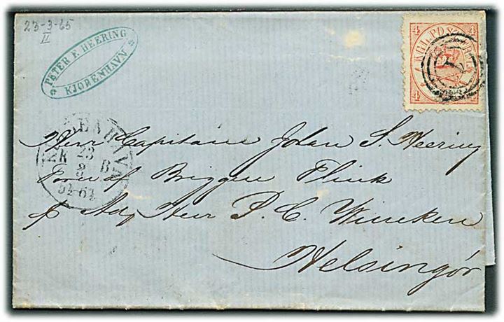 4 sk. Krone/Scepter på brev fra Peter F. Heering annulleret med nr.stempel 1 og sidestemplet Kjøbenhavn d. 23.3.1865 til Captain Johan S. Heering, Fører af Briggen Flink i Helsingør. Fuldt indhold.