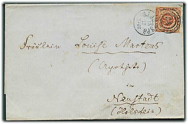 4 sk. 1858 udg. på brev annulleret med kombineret nr.stempel 34/SJ.JB.P.SPB. d. 15.12.1861via Eutin til Neustadt, Holstein.