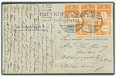 1 øre Bølgelinie (5) på brevkort annulleret med bureaustempel Sjællandske Kystbane T.401 d. 12.7.1911 til Kjøbenhavn.