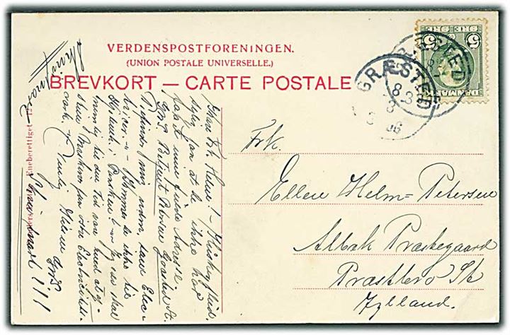 5 øre Chr. IX på brevkort annulleret med lapidar Græsted d. 8.3.190x til Albæk Præstegaard pr. Præstbro St.