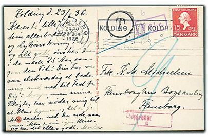 15 øre H.C.Andersen på underfrankeret brevkort fra Kolding d. 23.6.1936 til Flensburg, Tyskland. Sort T stempel og violet T 8 1/3 c. portostempel.