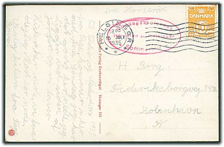 10 øre Bølgelinie på brevkort fra Helsingør d. 15.7.1935 med ovalt sidestempel Søndagsskolernes * Sommerlejr * Horserød pr. Helsingør til København.