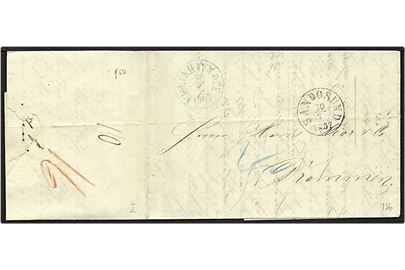 Ufrankeret brev fra København d. 29.7.1857 til Drammen, Norge, med Sandøsund transitstempel. Divere påtegninger.