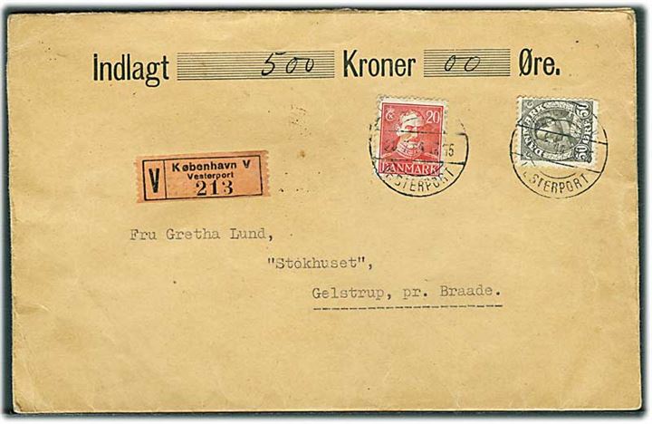 20 øre og 50 øre Chr. X på værdibrev annulleret med brotype IId København Vesterport d. 24.7.1944 til Gelstrup pr. Braade. 