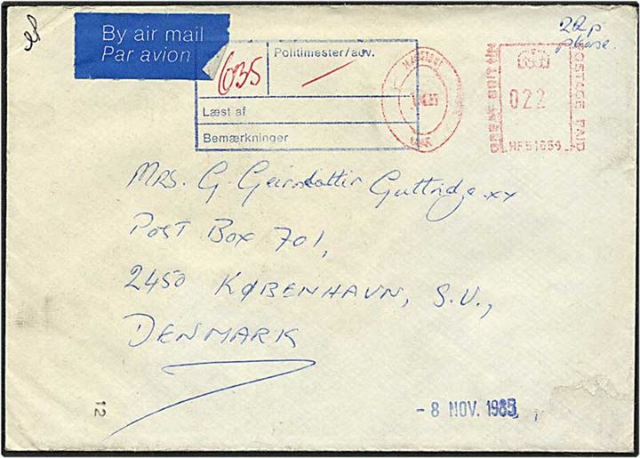 Fængselsbrev fra Maidstone, England, til indsat i København d. 8.11.1985. Brevet medfølger.