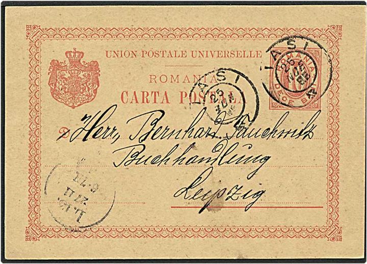 10 bani rød enkeltbrevkort fra Tasi, Rumænien, d. 25.11.1895 til Leipzig, Tyskland.