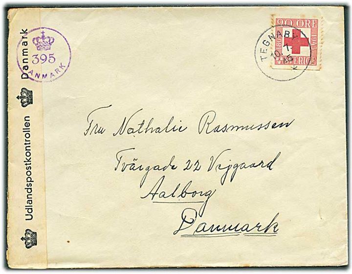 20 öre Røde Kors på brev fra Tegnaby d. 10.7.1945 til Aalborg, Danmark. Åbnet af dansk efterkrigscensur (krone)/395/Danmark.
