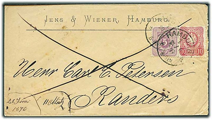 5 pfg. Ciffer og 10 pfg. Adler på 15 pfg. frankeret brev fra Hamburg d. 20.5.1877 til Randers, Danmark. Særtakst fra Hertugdømmerne til Danmark.