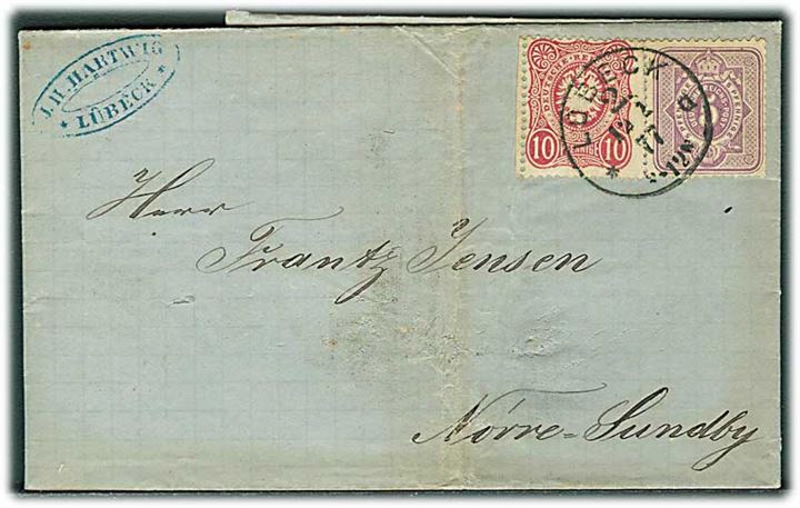 5 pfg. Ciffer og 10 pfg. Adler på 15 pfg. frankeret brev fra Lübeck d. 12.1.1877 til Nørresundby, Danmark. Særtakst fra Hertugdømmerne til Danmark.