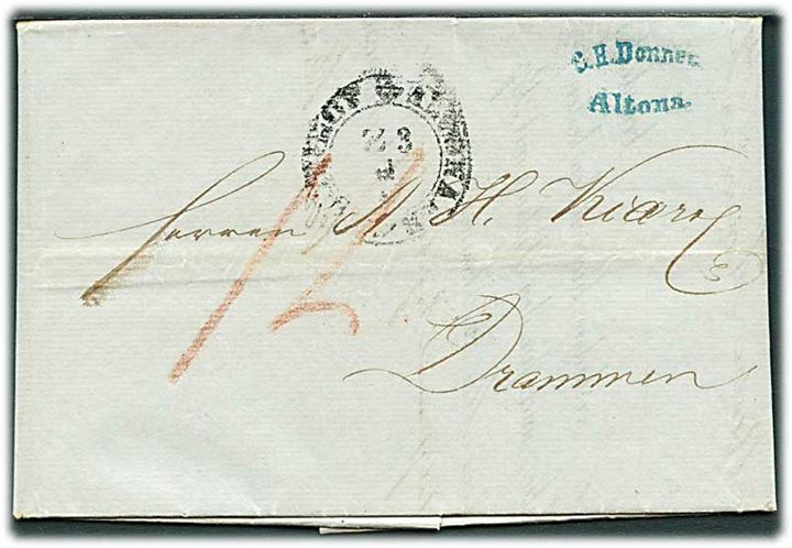 1861. Portobrev med indhold fra Altona d. 12.4.1861 via sejlende bureau Sandøsund d. 14.4.1861 til Drammen, Norge. Indeholder skibsdokument for skibet Sanct Olaf.