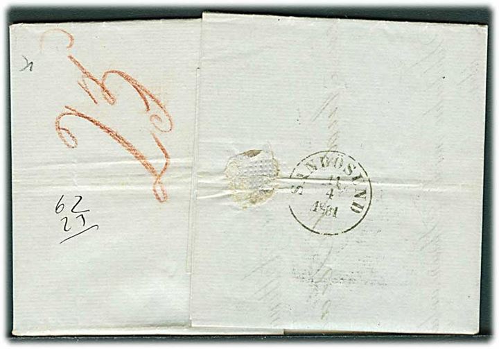 1861. Portobrev med indhold fra Altona d. 12.4.1861 via sejlende bureau Sandøsund d. 14.4.1861 til Drammen, Norge. Indeholder skibsdokument for skibet Sanct Olaf.