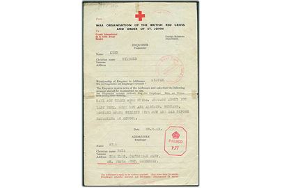Røde Kors formular fra England d. 28.2.1942 til tysk besat Guernsey, Channel Islands. Diverse røde kors stempler og britisk censur.