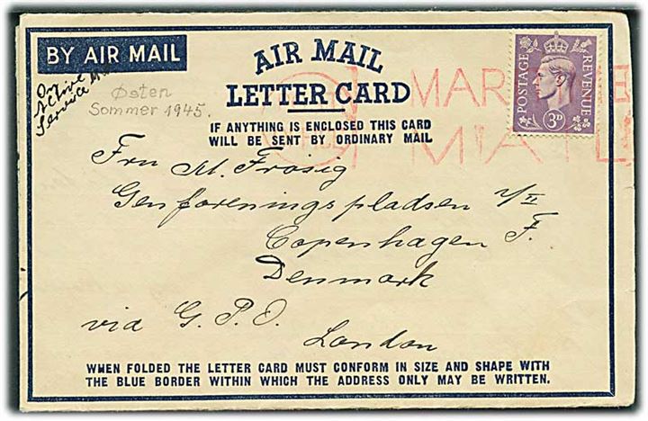 Engelsk 3d George VI på luftpost foldebrev sendt On Active Service annulleret med maskinstempel Post Office / Maritime Mail til København, Danmark via GPO London. Fra dansk sømand ombord på handelsskibet S/S Thyra S. i Østen.