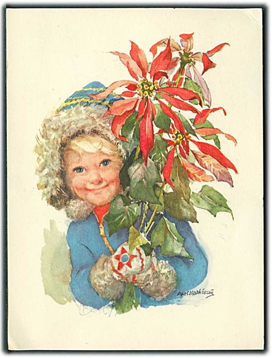 Axel Mathiesen: Pige med en stor buket blomster, med julemærke 1957. L. Levison Junr. no. 5306. Lille hjørneknæk. 