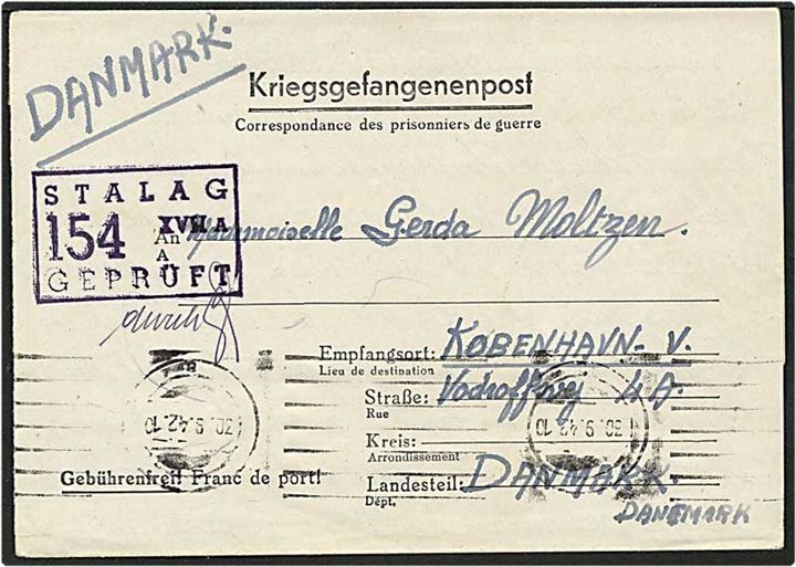 Ufrankeret fortrykt krigsfange-foldebrev med stumt stempel d. 30.9.1942 fra fransk krigsfange i Stalag XVIIA (= Kaisersteinbruch, Østrig) til København, Danmark. Violet lejrcensur no. 154.