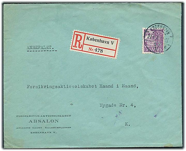 35 øre Karavel med perfin “A” på firmakuvert fra Forsikringsselskabet “Absalon” sendt lokalt i København d. 23.1.1935.