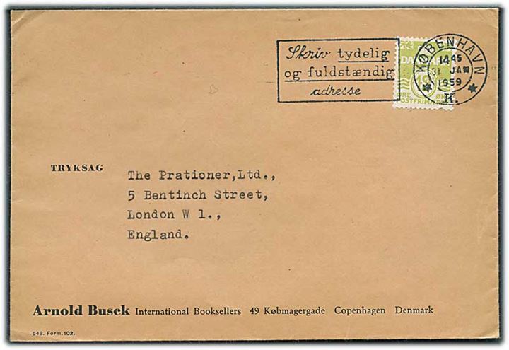 12 øre Bølgelinie med perfin “A.B.” på tryksag fra Arnold Busck i København d. 31.1.1959 til London, England.