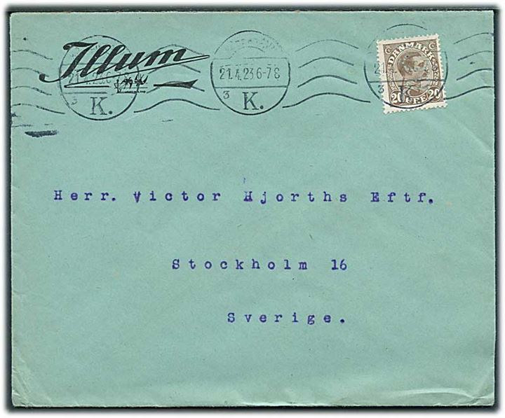 20 øre Chr. X med perfin “ACI” på firmakuvert fra Illum i København d. 21.4.1923 til Stockholm, Sverige.