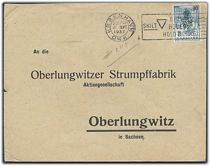 30 øre Regentjubilæum med perfin “ACI” fra firma A.C.Illum på brev fra København d. 8.9.1937 til Oberlungwitz, Tyskland.