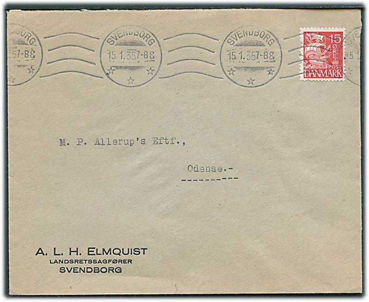 15 øre Karavel på brev med perfin “A E” på firmakuvert fra A.L.H.Elmquist i Svendborg d. 15.1.1935 til Odense.