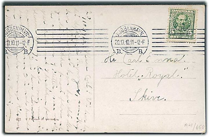 5 øre Fr. VIII med perfin “AE & Co.” på brevkort fra Kjøbenhavn d. 20.10.1910 til Skive.