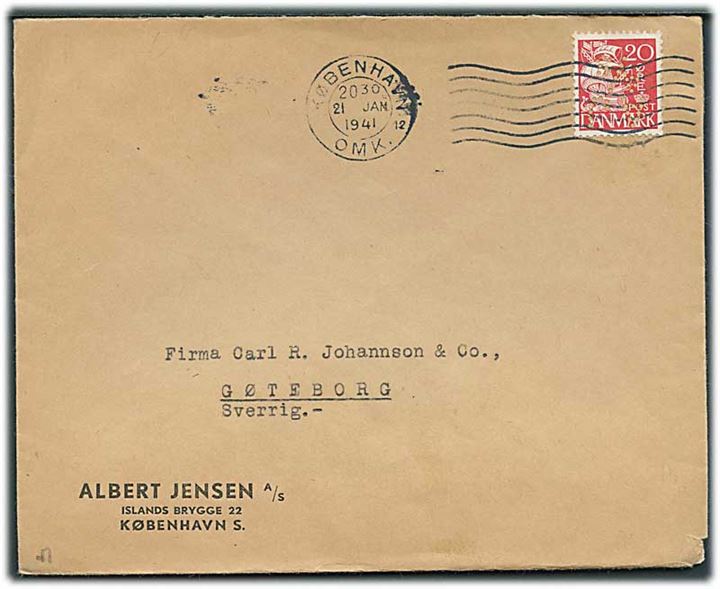 20 øre Karavel med perfin “A J A/S” på firmakuvert fra Albert Jensen A/S i København d. 21.1.1941 til Göteborg, Sverige. Åbnet af dansk censur.