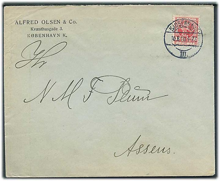 10 øre Fr. VIII med perfin “A.O.C.” på firmakuvert fra Alfred Olsen & Co. i Kjøbenhavn d. 10.8.1910 til Assens.