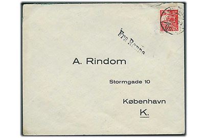 15 øre Karavel med perfin “A R” på svarkuvert stemplet København ca. 1930 og sidestemplet “Fra Rønne” til A. Rindom i København.