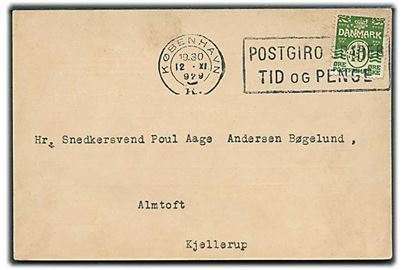 10 øre Bølgelinie med perfin “”A.R.” på brevkort fra Arbejdsforsikrings-Raadet i København d. 12.11.1929 til Almtoft pr. Kjellerup.