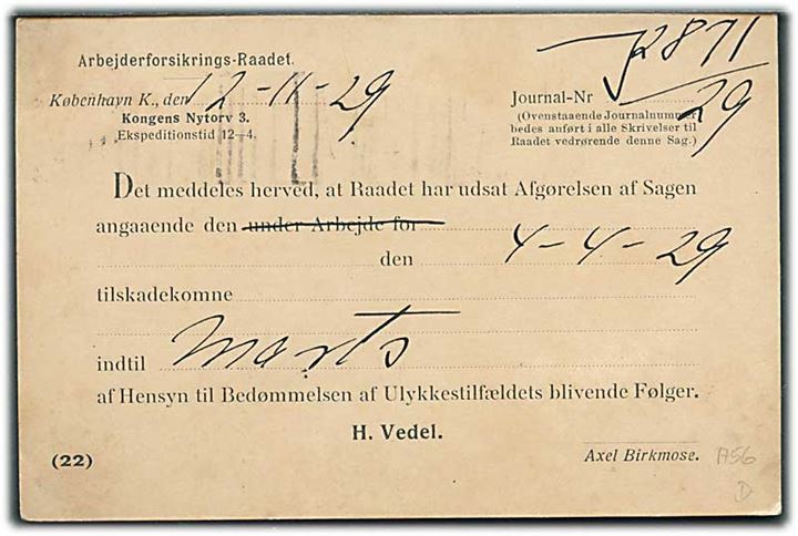 10 øre Bølgelinie med perfin “”A.R.” på brevkort fra Arbejdsforsikrings-Raadet i København d. 12.11.1929 til Almtoft pr. Kjellerup.