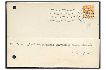 6 øre Bølgelinie med perfin “A R” på tryksagsbrevkort fra Dansk Eternit Fabrik A/S’s salgskontor ved A. Rindom i København d. 15.4.1946 til Dronninglund. 