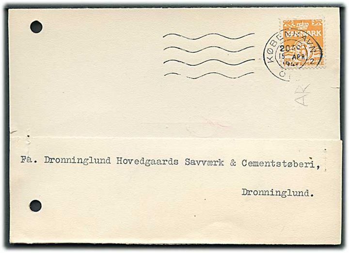 6 øre Bølgelinie med perfin “A R” på tryksagsbrevkort fra Dansk Eternit Fabrik A/S’s salgskontor ved A. Rindom i København d. 15.4.1946 til Dronninglund. 