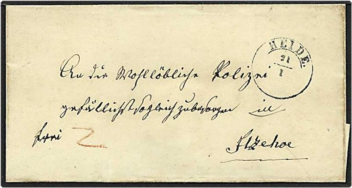 185x. Francobrev påskrevet Frei med 1½ ringsstempel Heide d. 21.1.185x til Itzehoe. Påskrevet 2 sk. med rødkridt.