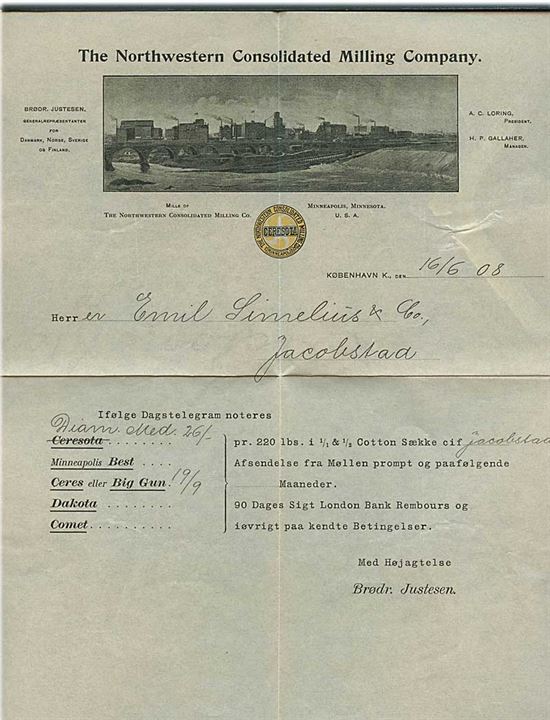 5 øre Fr. VIII med perfin “B.J.” på firmakuvert fra Brødr. Justesen sendt som tryksag fra Kjøbenhavn d. 16.6.1908 til Jacobstad, Finland. Indlagt illustreret brevpapir.