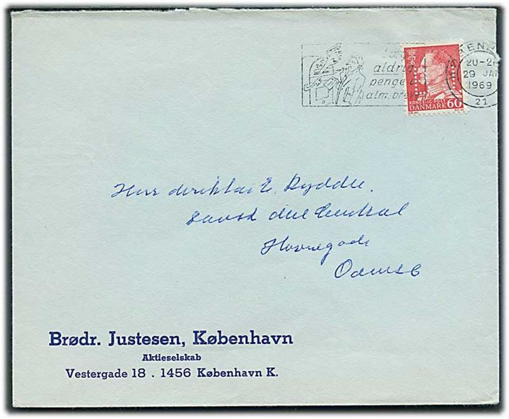 60 øre Fr. IX med perfin “B.J.” på firmakuvert fra Brødr. Justesen i København d. 29.1.1969 til Odense.
