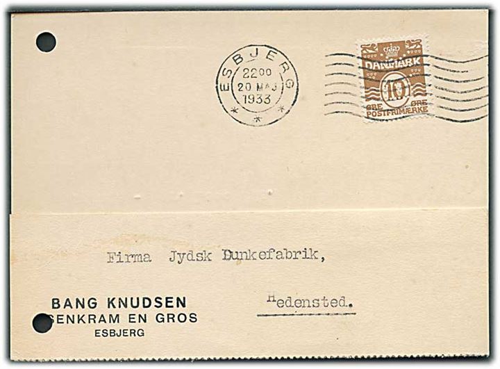 10 øre Bølgelinie med perfin “B.K.” på brevkort fra firma Bang Knudsen i Esbjerg d. 20.5.1933 til Hedensted.