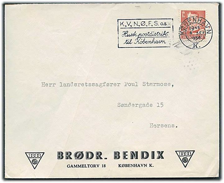 30 øre Fr. IX med perfin “Brbx” på firmakuvert fra Brødr. Bendix d. 4.9.1956 til Horsens.